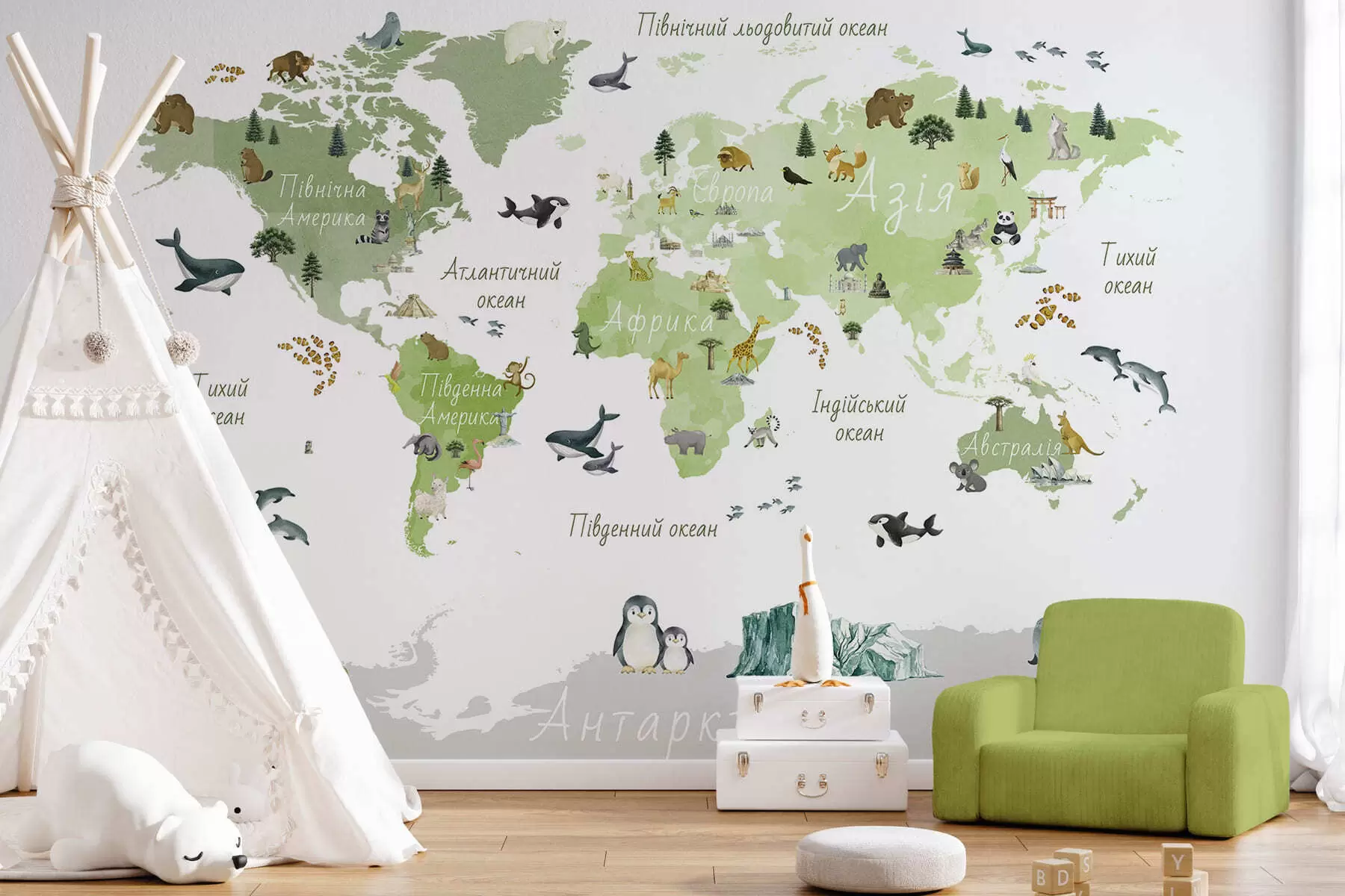 wall murals A watercolor-style Green map featuring animals, plants, and architecture. Labels in Ukrainian c00009ukv2