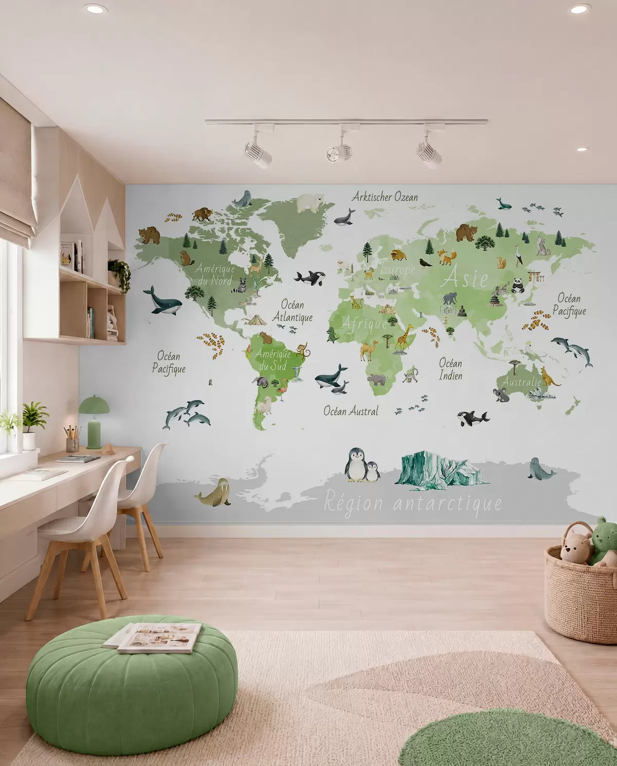 wall murals A watercolor-style Green map featuring animals, plants, and architecture. Labels in French c00009frv2