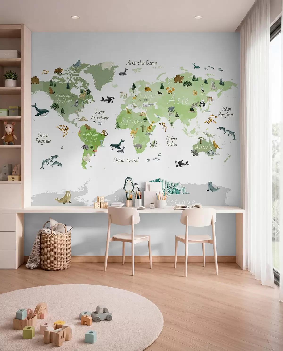 wall murals A watercolor-style Green map featuring animals, plants, and architecture. Labels in French c00009frv2