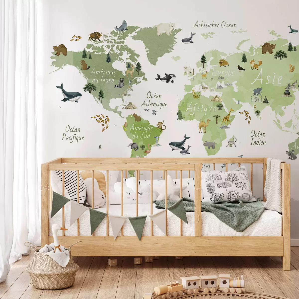 wall murals A watercolor-style Green map featuring animals, plants, and architecture. Labels in French c00009frv2