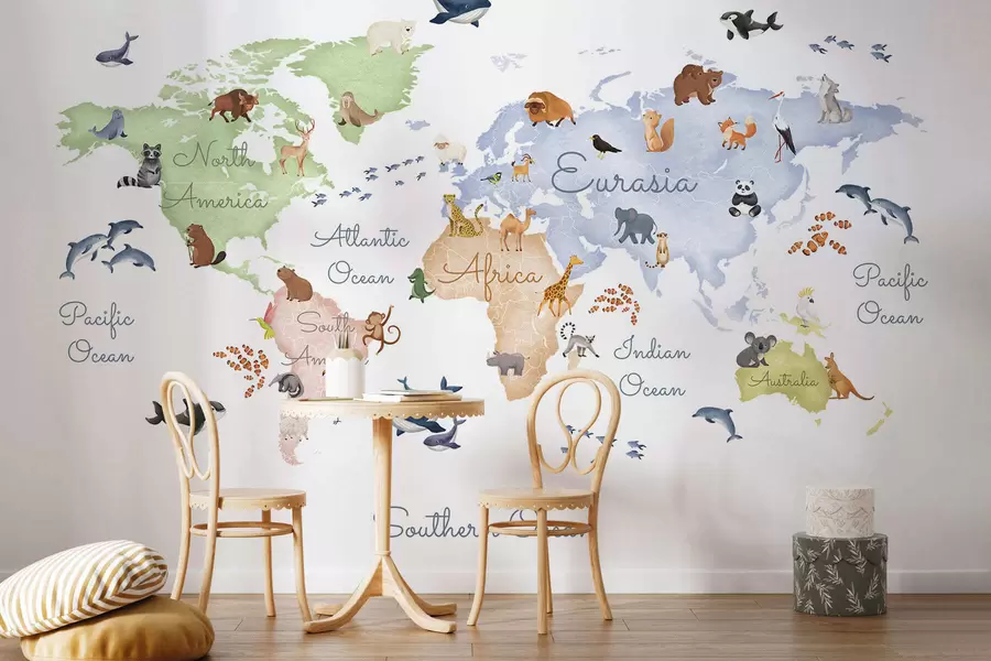 wall murals A watercolor-style color map featuring animals. Labels in English c00012en