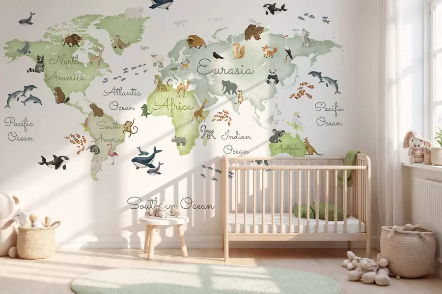 wall murals A watercolor-style Green map featuring animals. Labels in English c00012env2
