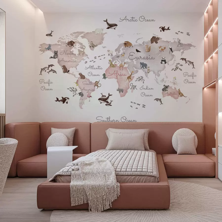 wall murals A watercolor-style Beige map featuring animals. Labels in English c00012env3