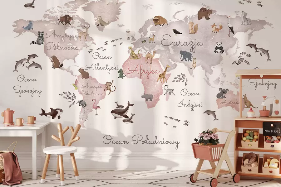 wall murals A watercolor-style Beige map featuring animals. Labels in Polish c00012plv3