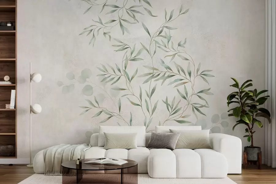 wall murals Delicate botanical pattern with thin branches on light background w05424