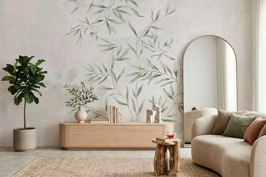 wall murals Delicate botanical pattern with thin branches on light background w05424