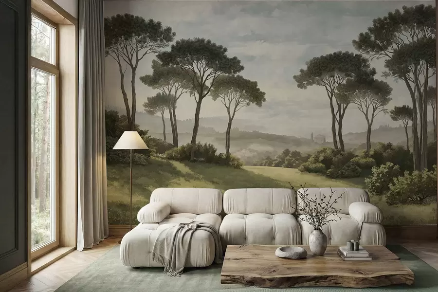 wall murals Landscape with trees, meadow and distant mist w05122v1