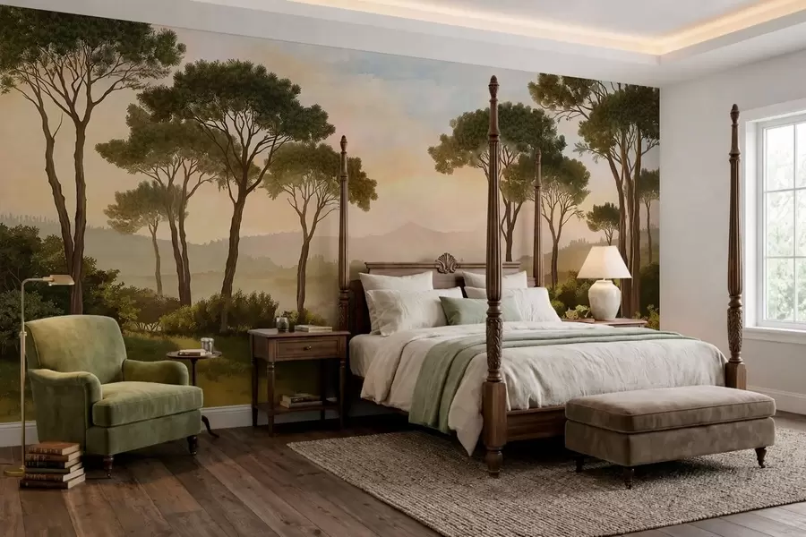 wall murals Landscape with trees in warm sunset light w05122