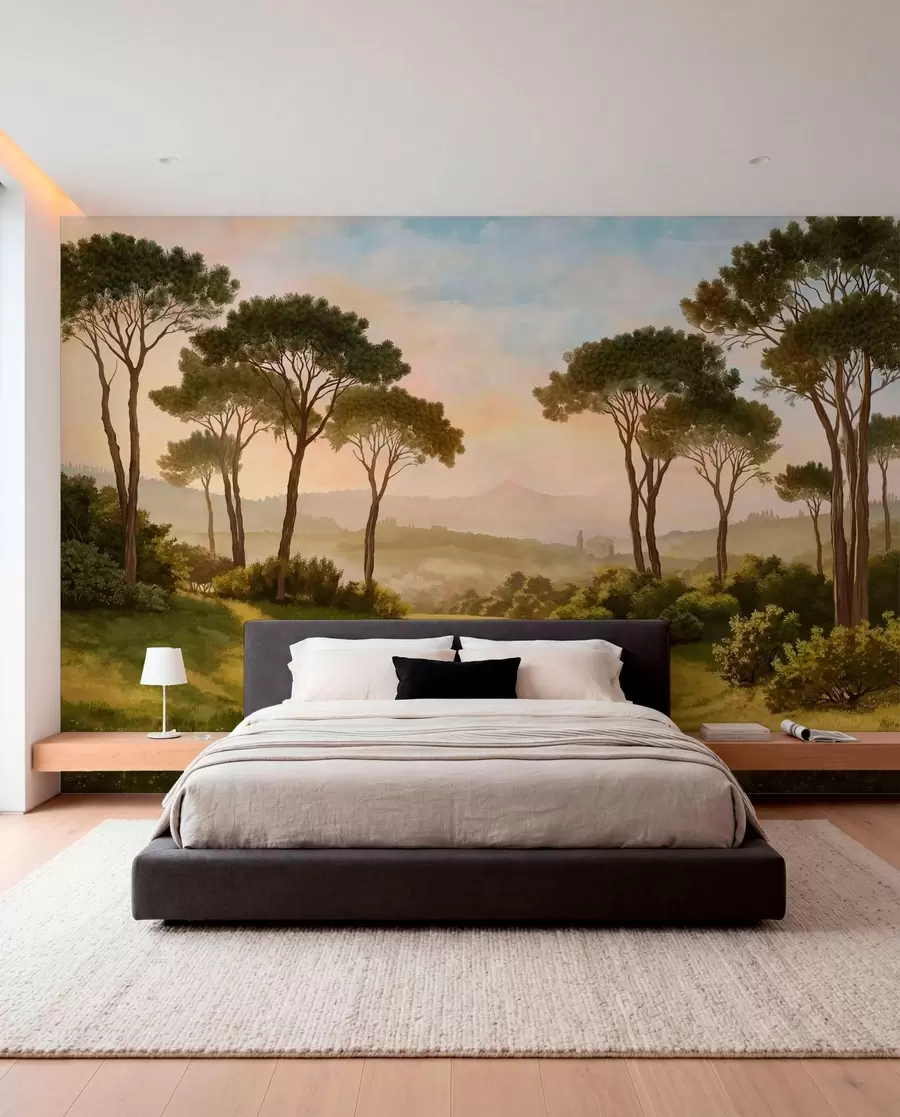 wall murals Landscape with trees in warm sunset light w05122