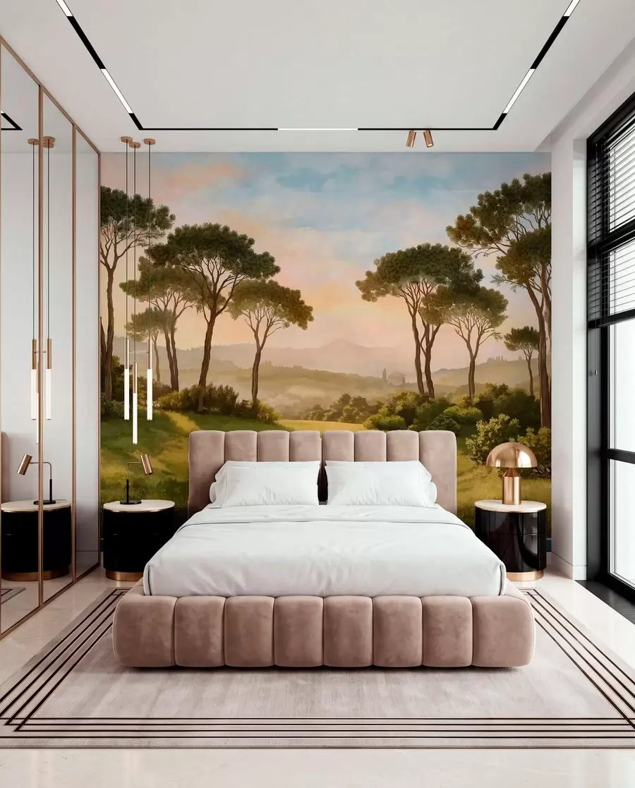 wall murals Landscape with trees in warm sunset light w05122