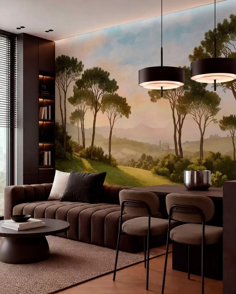 wall murals Landscape with trees in warm sunset light w05122