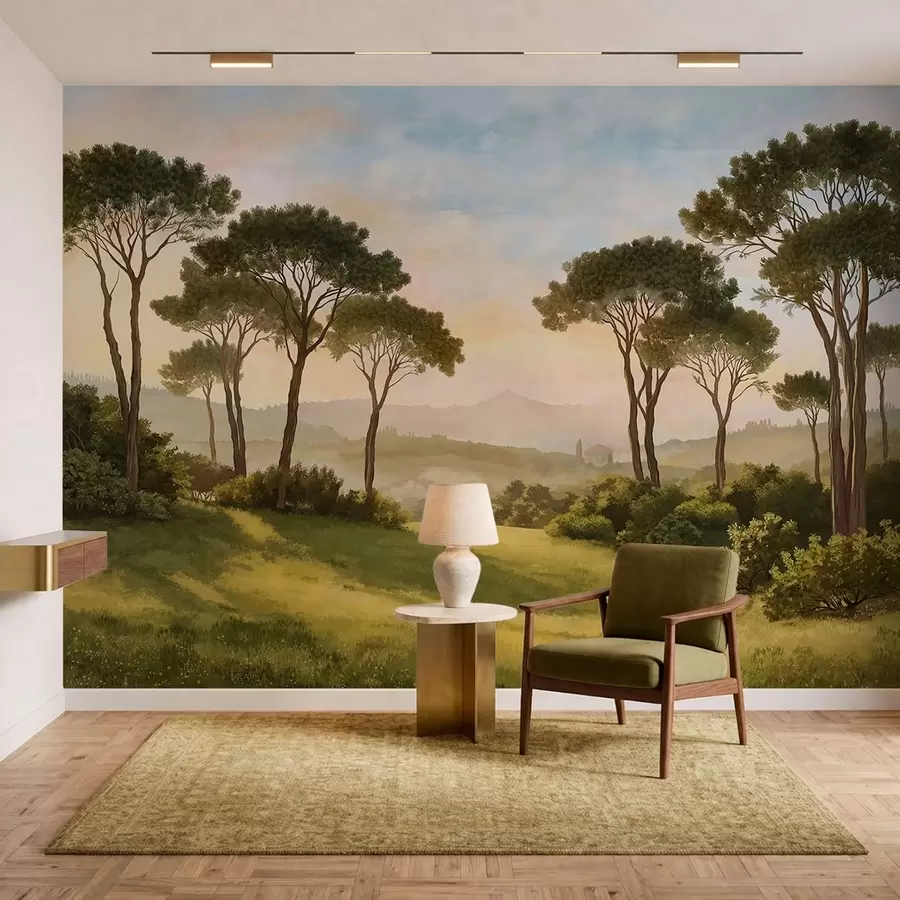 wall murals Landscape with trees in warm sunset light w05122