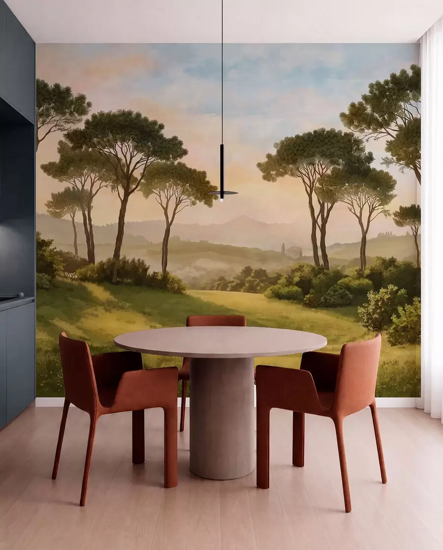 wall murals Landscape with trees in warm sunset light w05122
