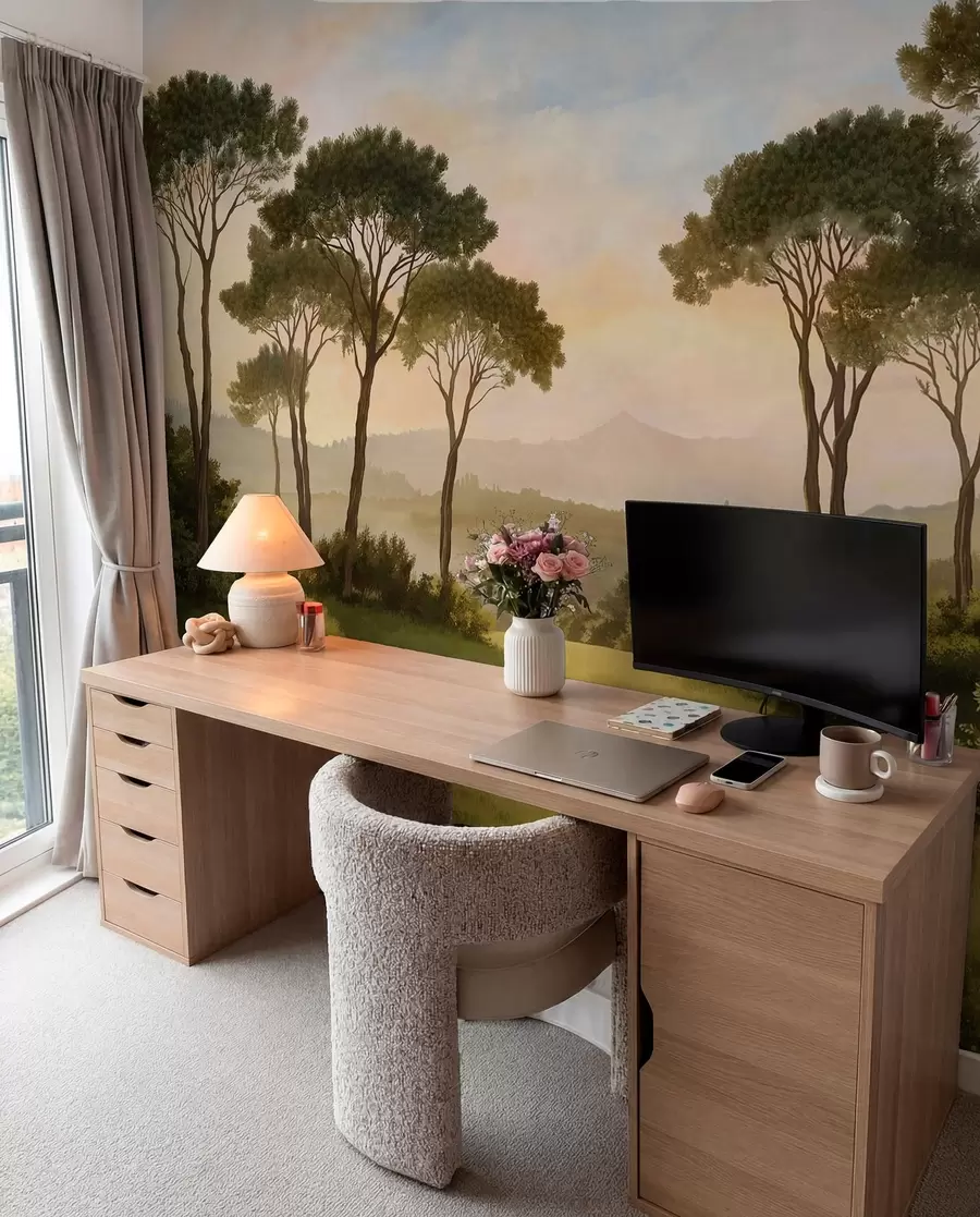 wall murals Landscape with trees in warm sunset light w05122