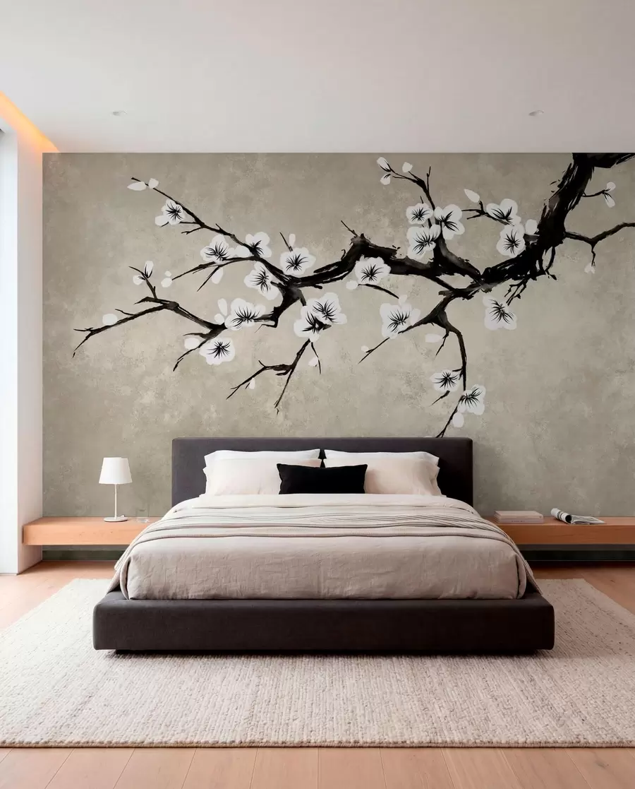 wall murals Branch with white blossoms in minimalist style w05425