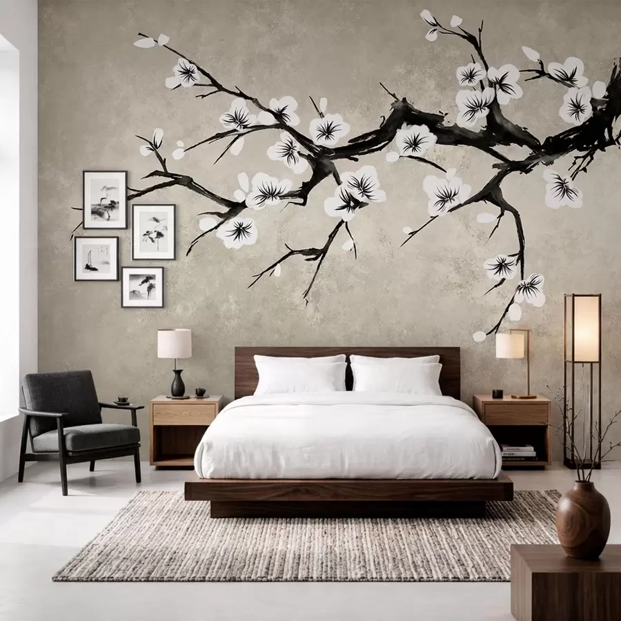 wall murals Branch with white blossoms in minimalist style w05425