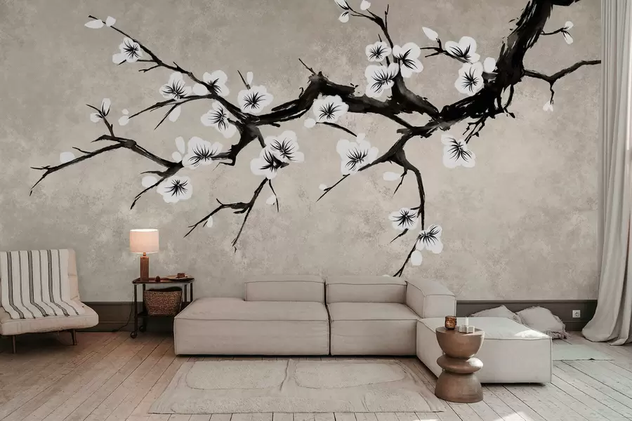 wall murals Branch with white blossoms in minimalist style w05425