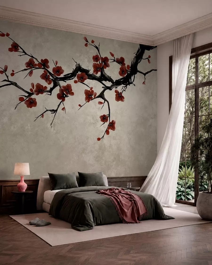 wall murals Branch with dark red blossoms on neutral background w05425v1
