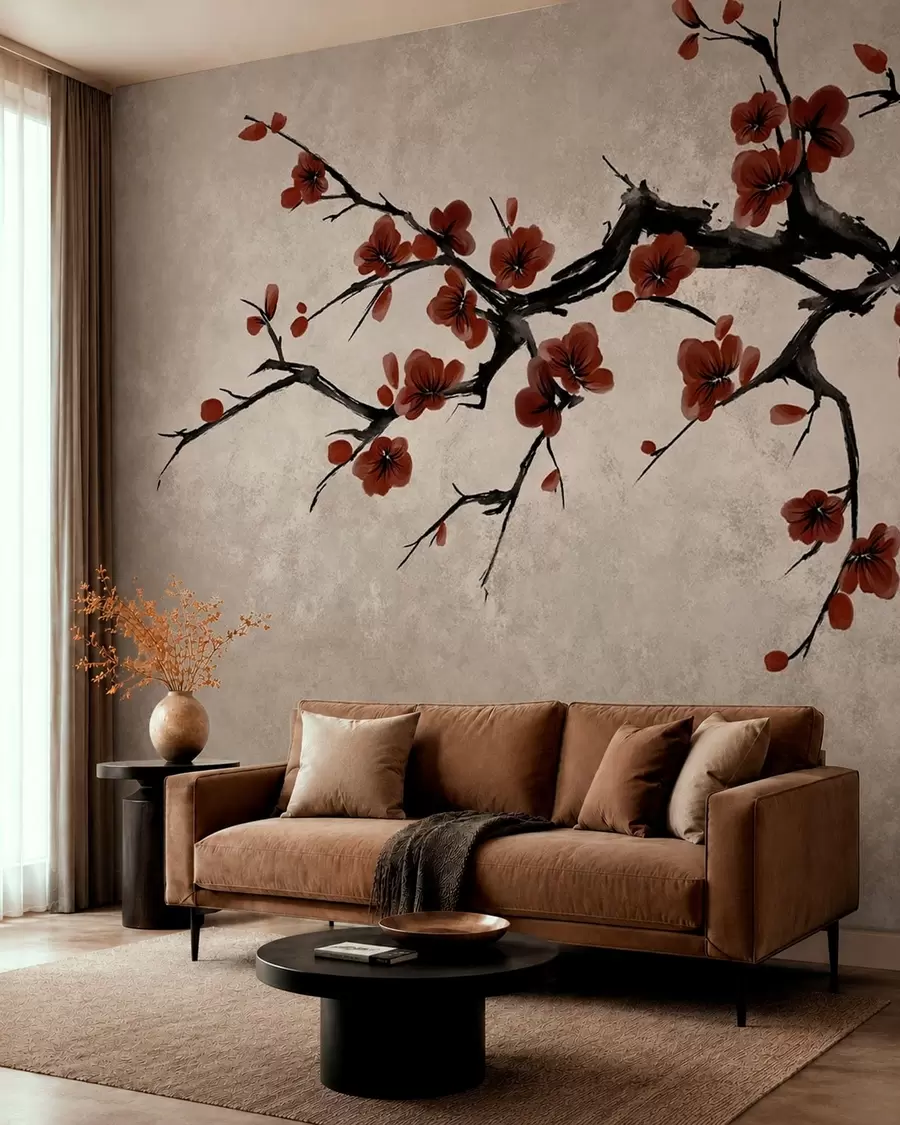 wall murals Branch with dark red blossoms on neutral background w05425v1