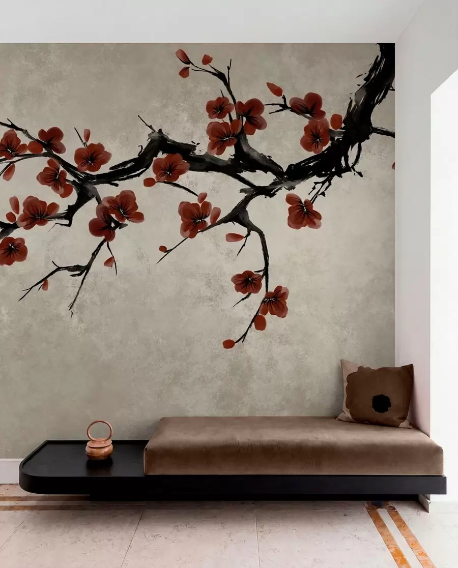 wall murals Branch with dark red blossoms on neutral background w05425v1