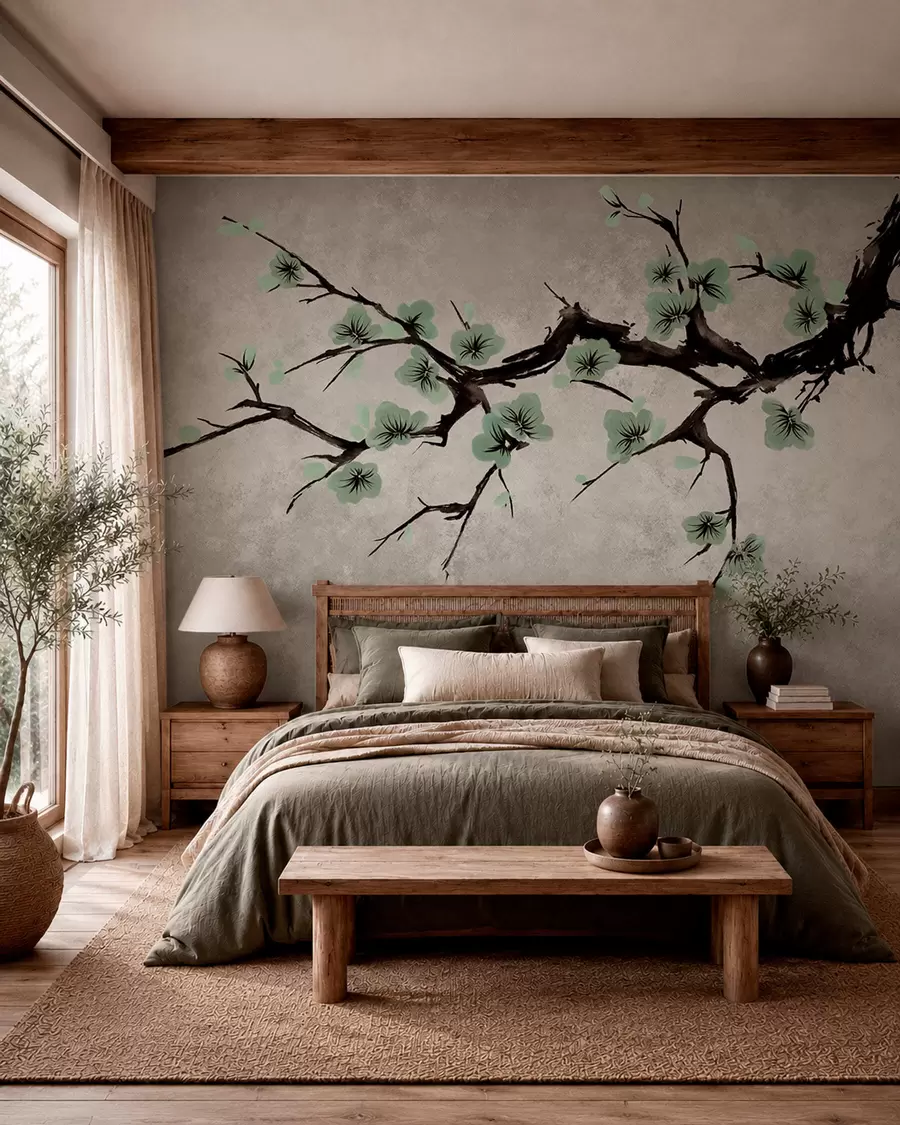 wall murals Branch with green blossoms in calm tones w05425v2