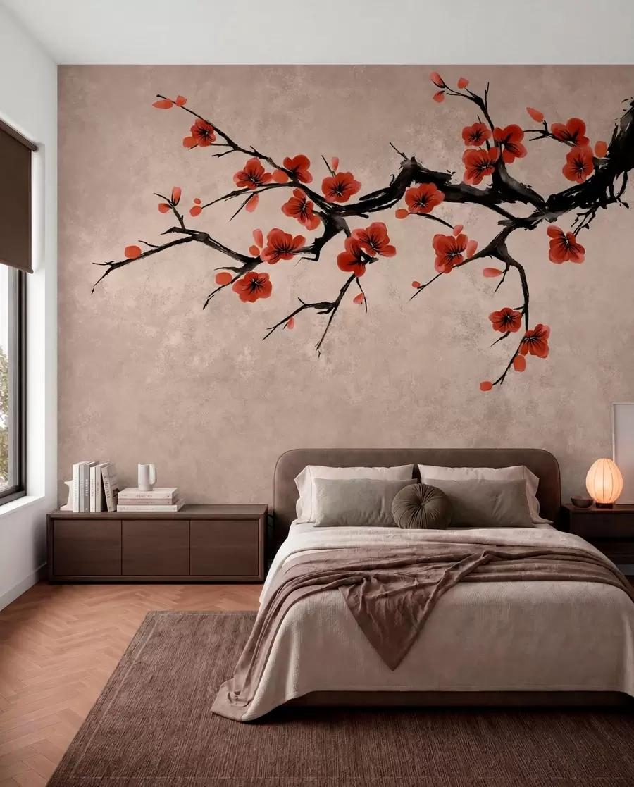 wall murals Blossom branch in eastern style on beige background w05425v4