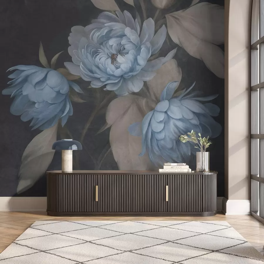 wall murals Textured light blue peony flowers with beige leaves against a dark background w09751