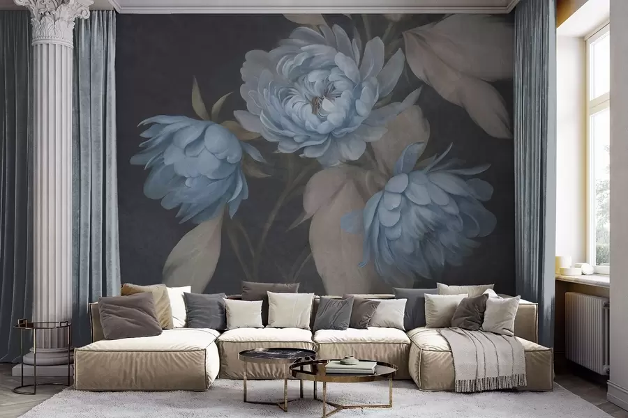 wall murals Textured light blue peony flowers with beige leaves against a dark background w09751