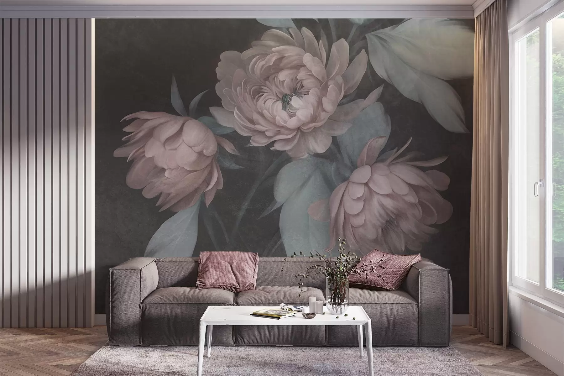 wall murals Textured light pink peony flowers with muted green leaves against a dark background w09751v1