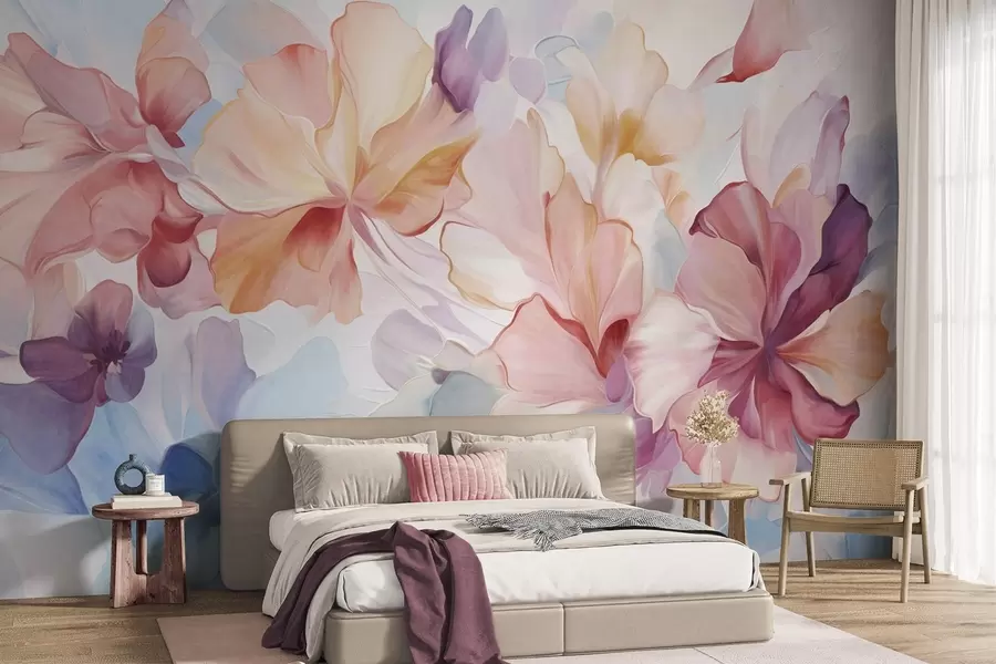 wall murals Abstract fantasy flowers in shades of pink, peach and lavender in painting style, textured art w09767