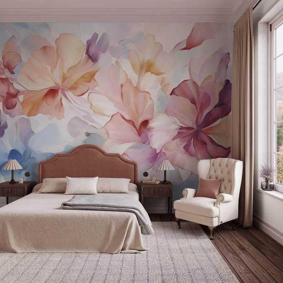 wall murals Abstract fantasy flowers in shades of pink, peach and lavender in painting style, textured art w09767