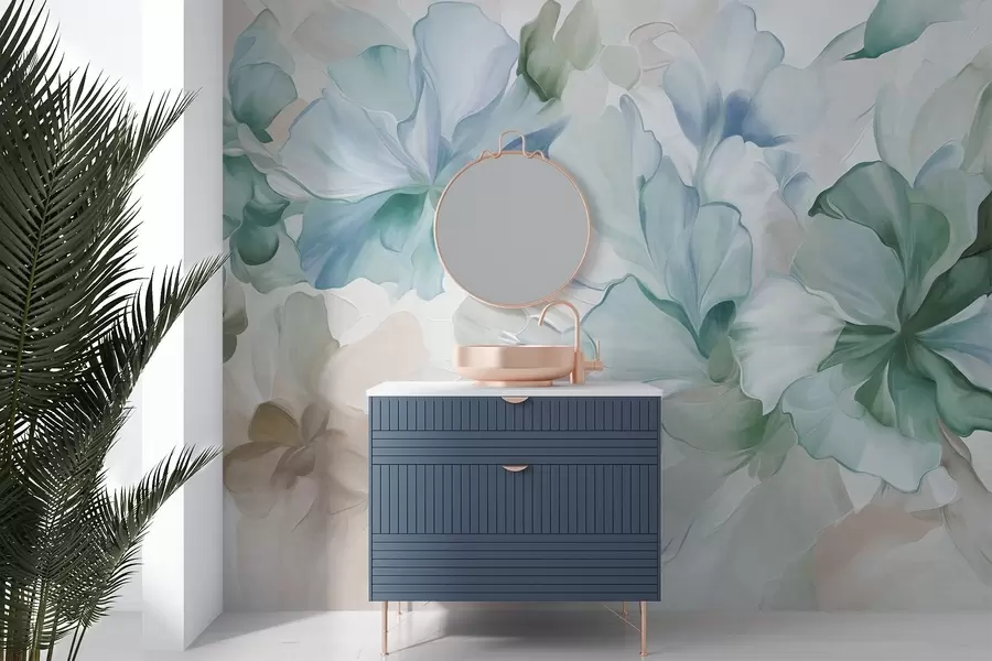 wall murals Abstract fantasy flowers in shades of green, blue and beige in painting style, textured art w09767v1