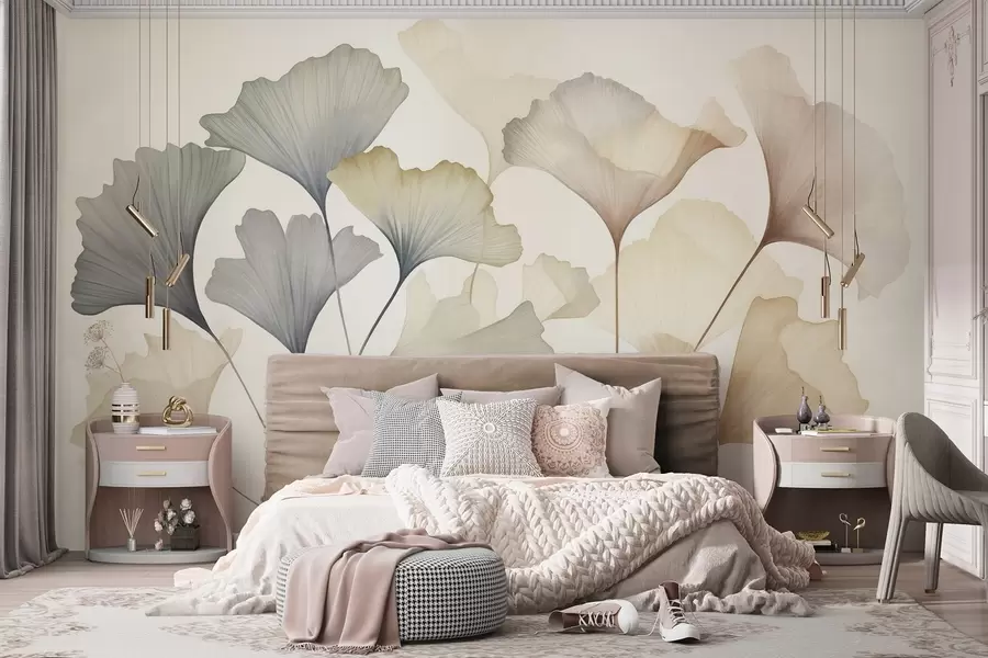 wall murals Abstract ginkgo leaves in muted pastel colors like blue, green, and peach, textured art w09810