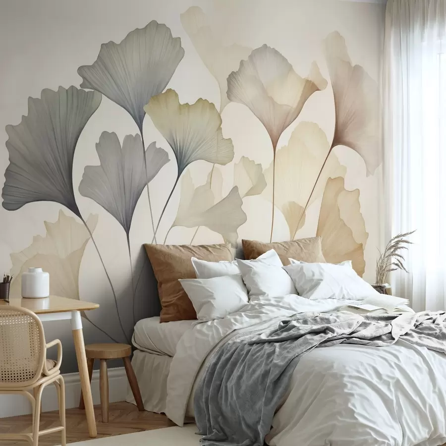 wall murals Abstract ginkgo leaves in muted pastel colors like blue, green, and peach, textured art w09810