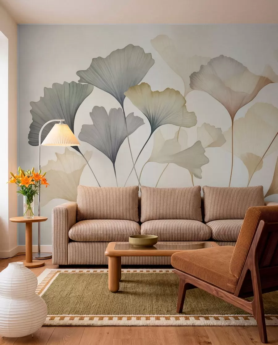 wall murals Abstract ginkgo leaves in muted pastel colors like blue, green, and peach, textured art w09810