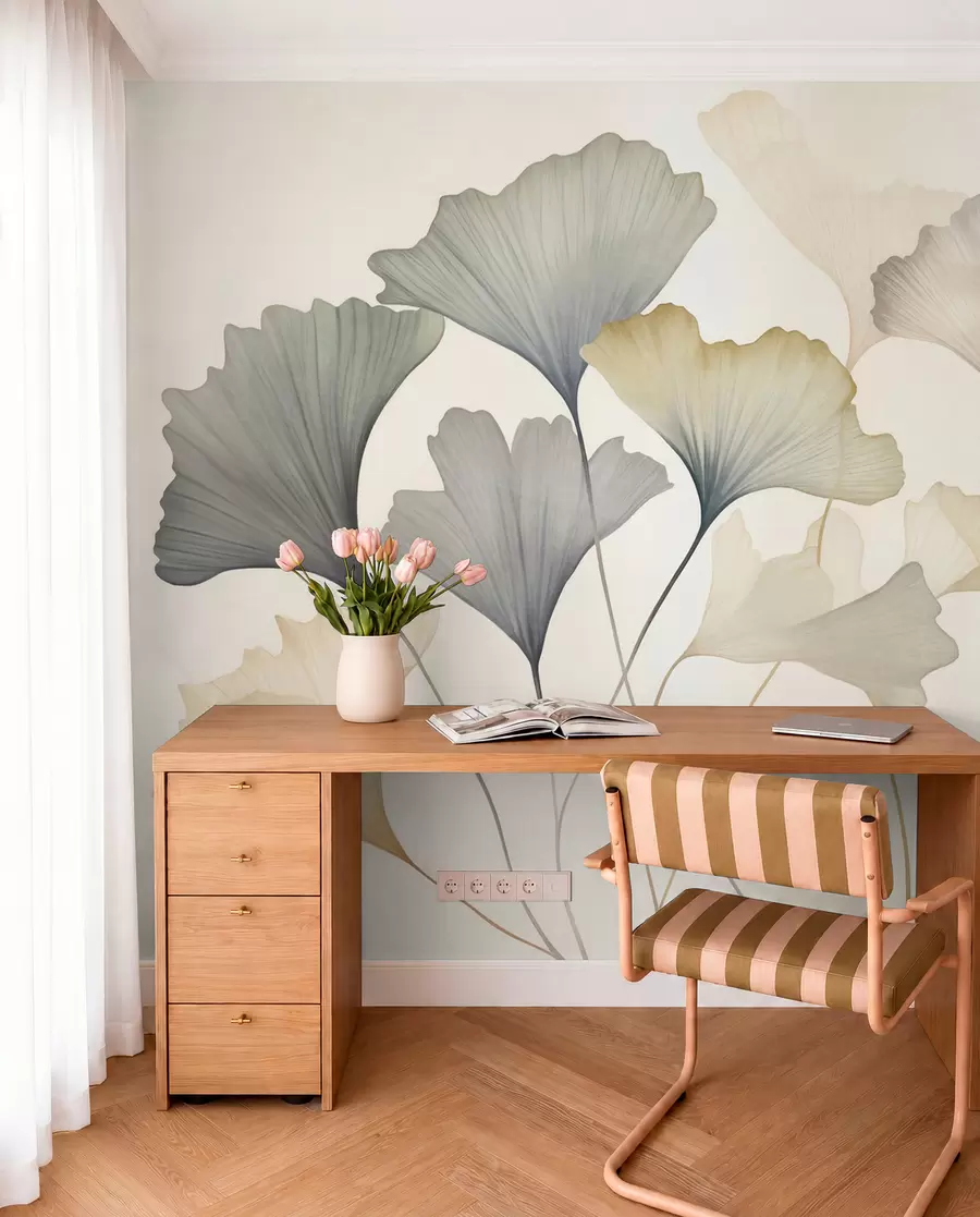 wall murals Abstract ginkgo leaves in muted pastel colors like blue, green, and peach, textured art w09810