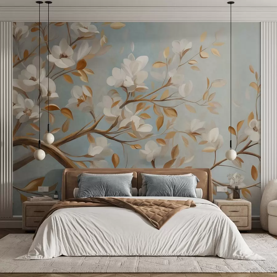 wall murals Textured tree branch with white flowers and yellow leaves, vintage style w09814