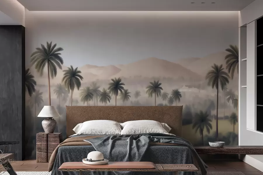 wall murals Tropical landscape with palm trees and mountains, vintage panorama in beige and green tones w09798