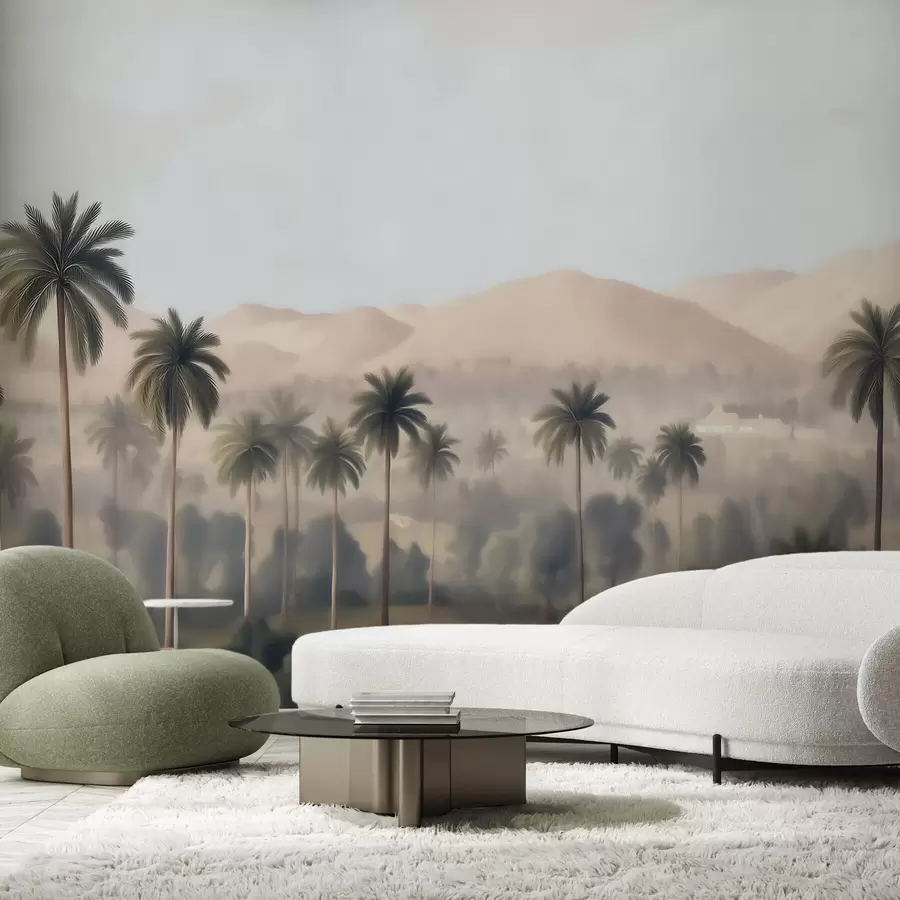 wall murals Tropical landscape with palm trees and mountains, vintage panorama in beige and green tones w09798