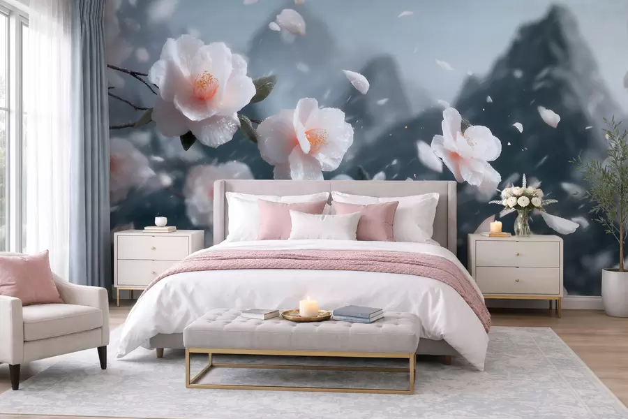 wall murals Delicate cherry blossom flowers against a mountain backdrop, atmospheric Japanese landscape in pastel tones w09808