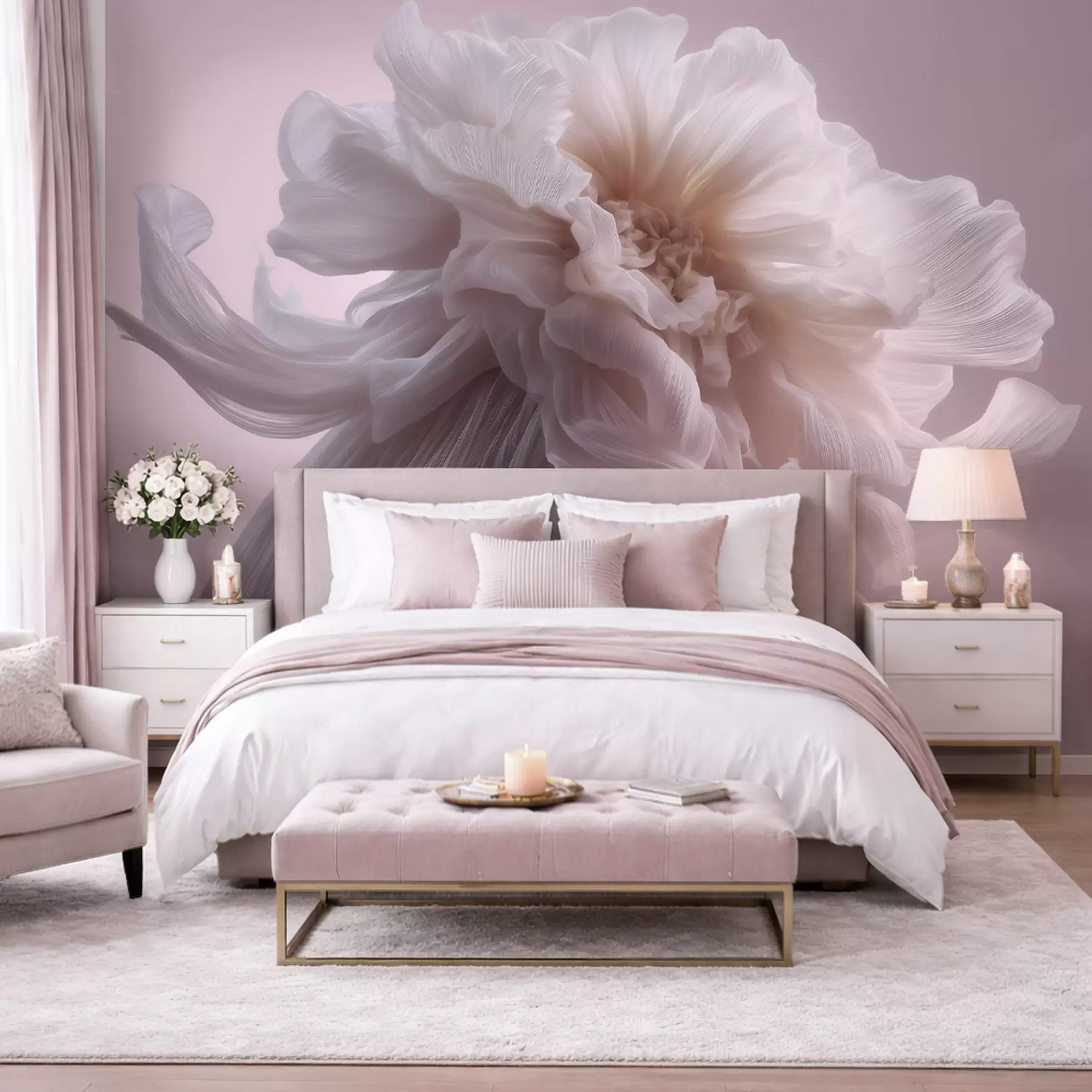 wall murals Volumetric silk flower in soft pink and beige tones w09809