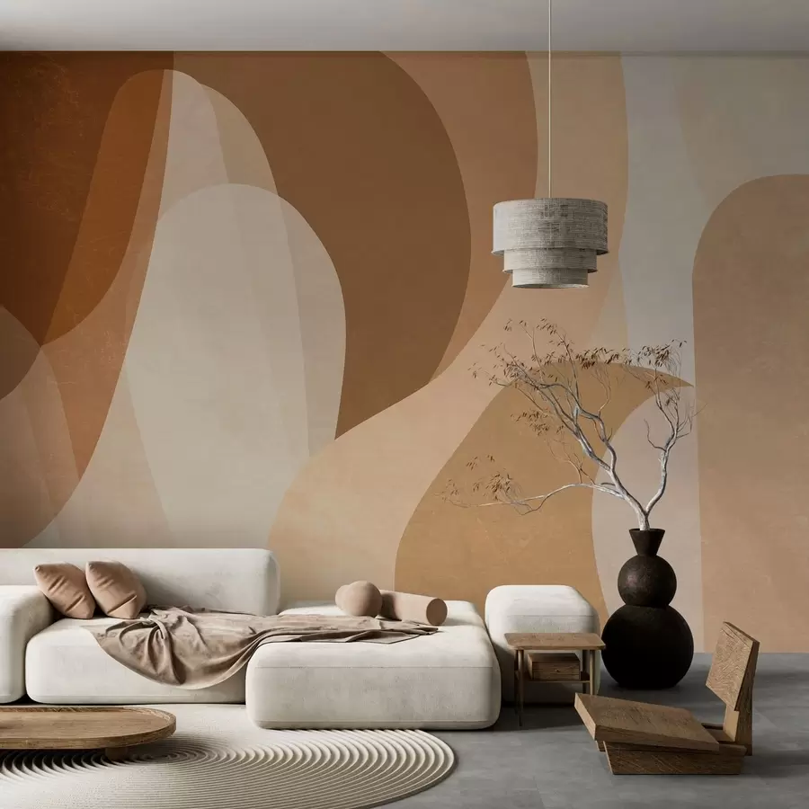 wall murals abstract curves in brown, beige and auburn shades w05387