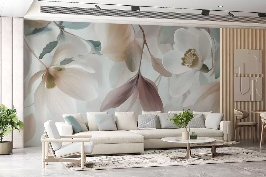 wall murals a delicate composition of flowers and leaves in pastel shades w05240