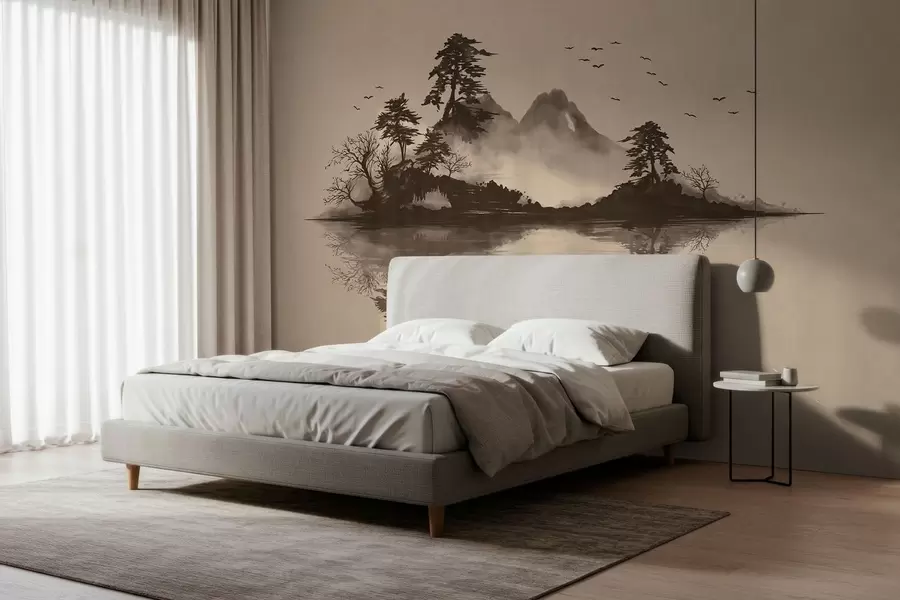 wall murals Sumi-e mountain landscape with pines and reflection w05124