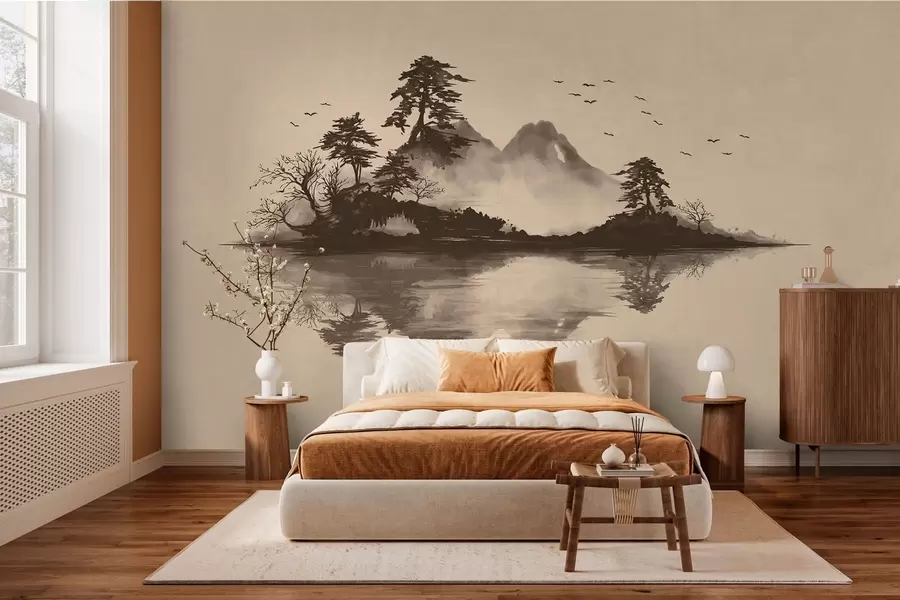 wall murals Sumi-e mountain landscape with pines and reflection w05124