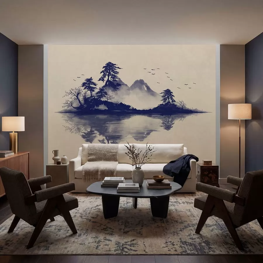 wall murals Sumi-e mountain landscape in blue tones w05124v2