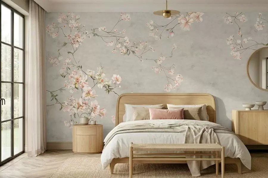 wall murals Chinoiserie floral branches on gray background w05427v1