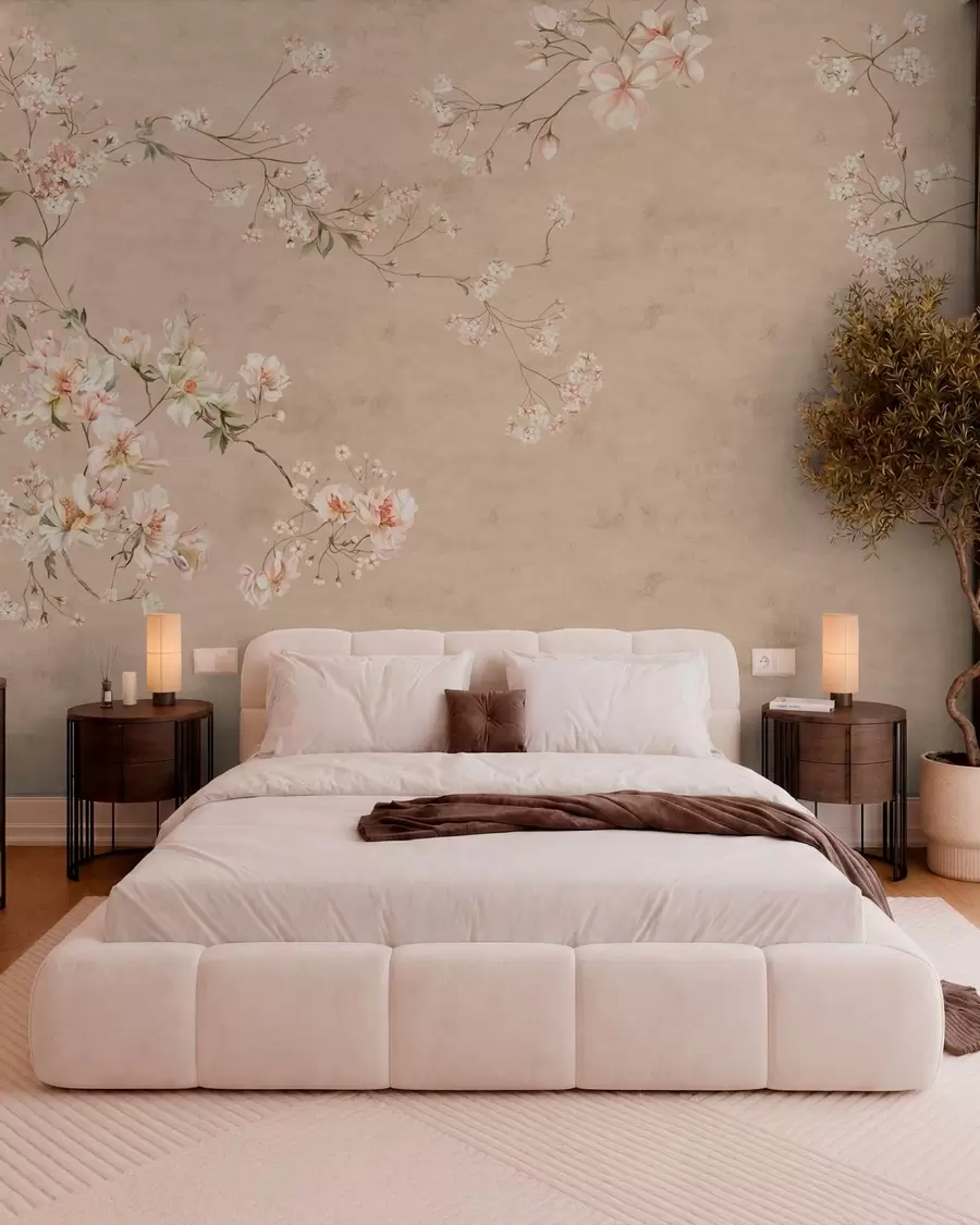 wall murals Chinoiserie floral branches on warm beige background w05427v2