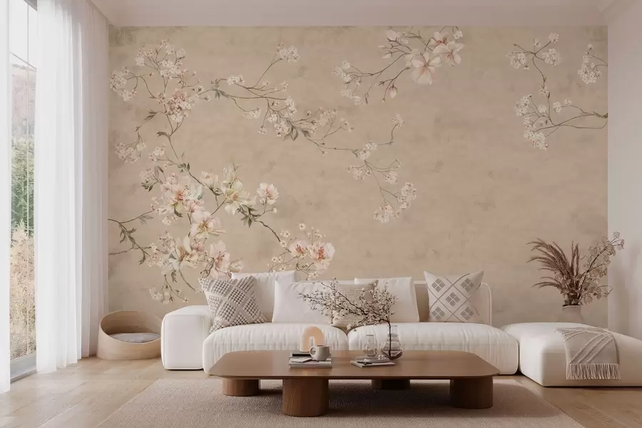 wall murals Chinoiserie floral branches on warm beige background w05427v2