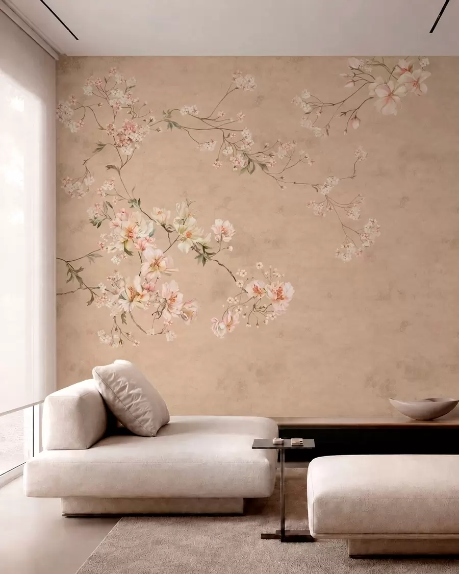 wall murals Chinoiserie floral branches on warm beige background w05427v2